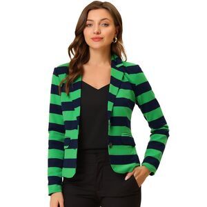Notched Lapel Pocket Button Closure Striped Blazer Green Navy